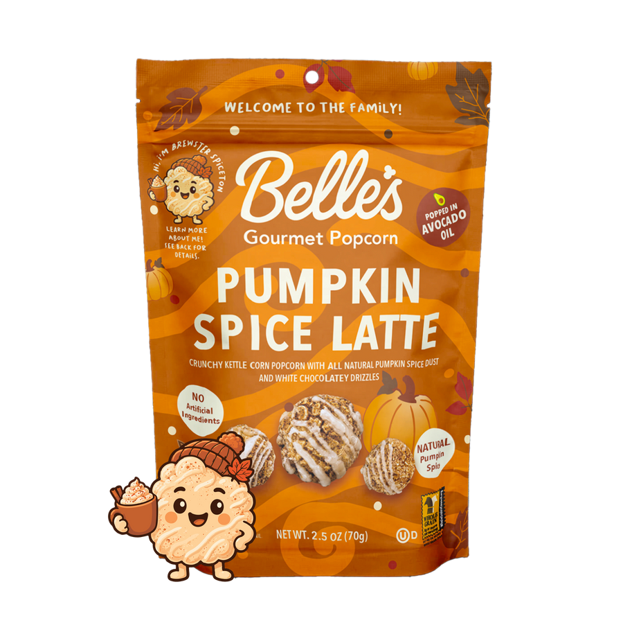 Belle's Pumpkin Spice Latte popcorn 2.5 oz bag with Brewster Spiceton character