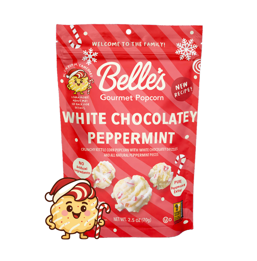 Belle's White Chocolatey Peppermint popcorn 2.5 oz bag with Pep M. Canehart character