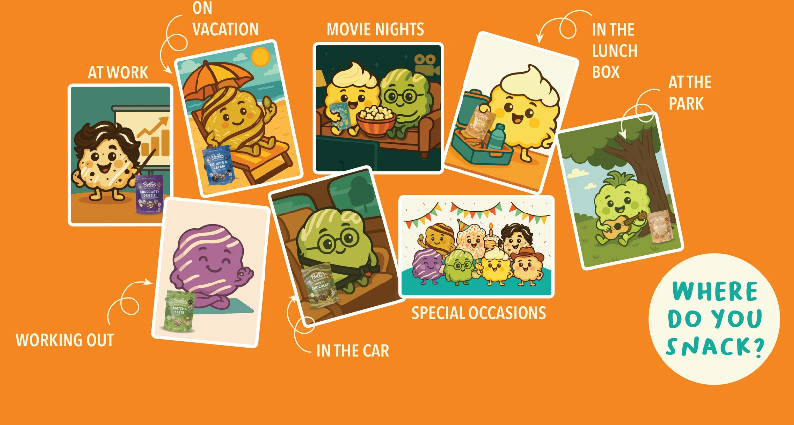 Belle's characters snacking at work, on vacation, at movie nights and more